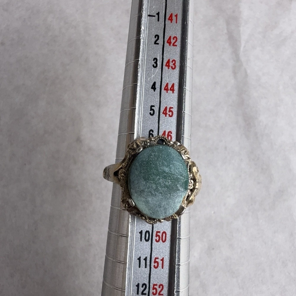 Sterling Silver 10k Gold Oval Green Stone Cocktail Ring Size 3.75 Statement